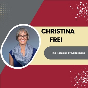 Photo of Christina Frei on a Grey and Maroon background with her name and speech title to the right