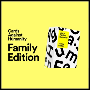 White box with letters on it next to the words Cards Against Humanity Family Edition