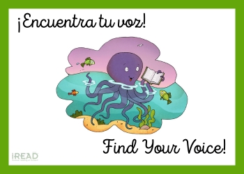 A purple whale half underwater reading to a few green fish in between the words Encuentra tu voz and Find Your Voice