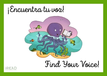 A purple whale half underwater reading to a few green fish in between the words Encuentra tu voz and Find Your Voice