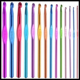 Multicolored crochet hooks laid out