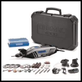 A dremel set including different ends, the tool, and a black carrying case