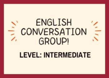 The words English Conversation Group, Level Intermediate with orange star bursts on each side and surrounded by a maroon border