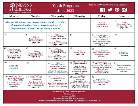 ScreenCap of the June 2023 Youth Programs Calendar