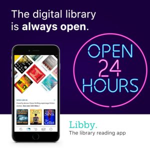 Purple and white background with a phone with Libby on it in the foreground and a neon light looking circle that says Open 24 hours