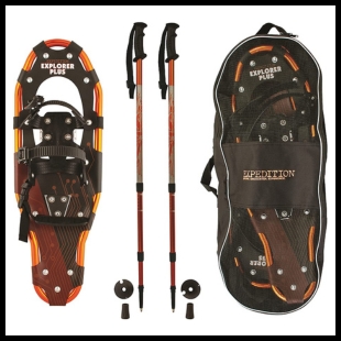 Orange snowshoes, carrying case, and poles