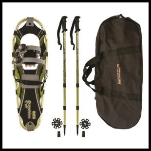 Medium sized snowshoe, carrying case, and poles