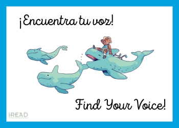 Whales flying with the words Encuentra tu voz and Find Your Voice