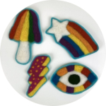 Four felts, a rainbow mushroom, rainbow shooting star, red lightning, and rainbow eye