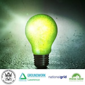 Green glowing lightbulb on dark wet surface with the logos of the City of Methuen, Groundwork Lawrence, National Grid, and Mass Save below it