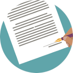 Hand with pen in it hovering over writing page