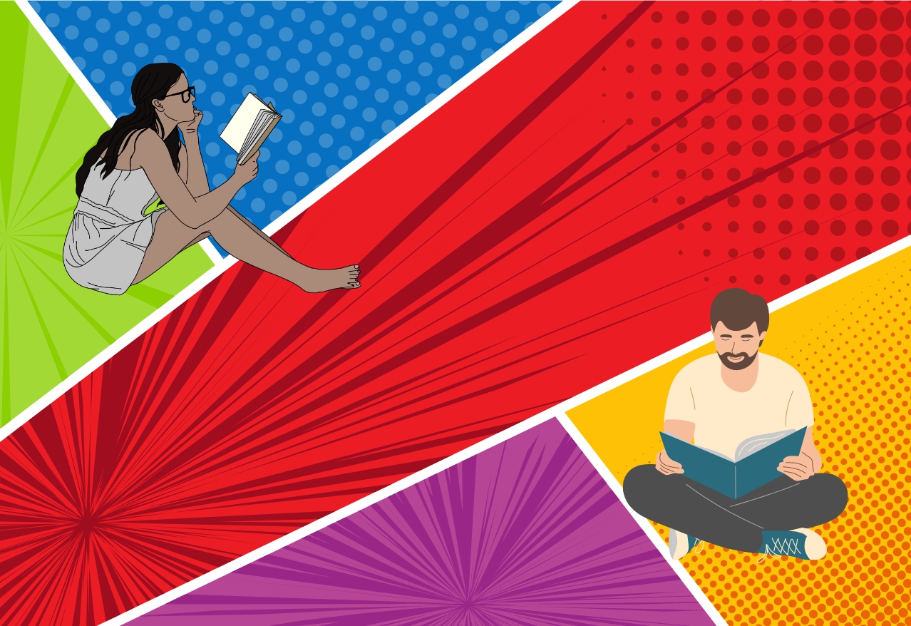 A female and male sitting and reading books with a comic book looking background of green, blue, red, yellow, and purple