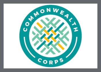 Green and yellow circular Commonwealth Corps logo