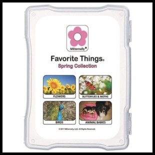 Pictures of spring activities like a sunflower, or a butterfly or peacock with the words Favorite Things Spring Collection above