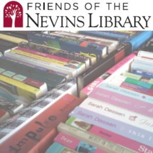 Friends of the Nevins Library logo above two diagonal rows of used books