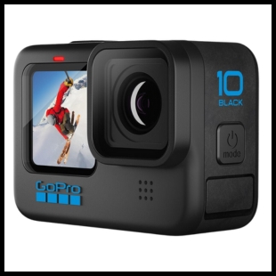 Black and square GoPro Hero 10 camera with the picture of a skier on its preview screen
