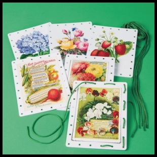 Cards splayed on a green table with pictures of flowers on them and holes around the edges