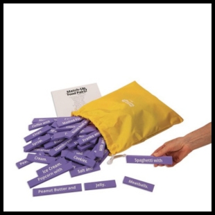 Yellow bag with purple strips with white words spilling out from it