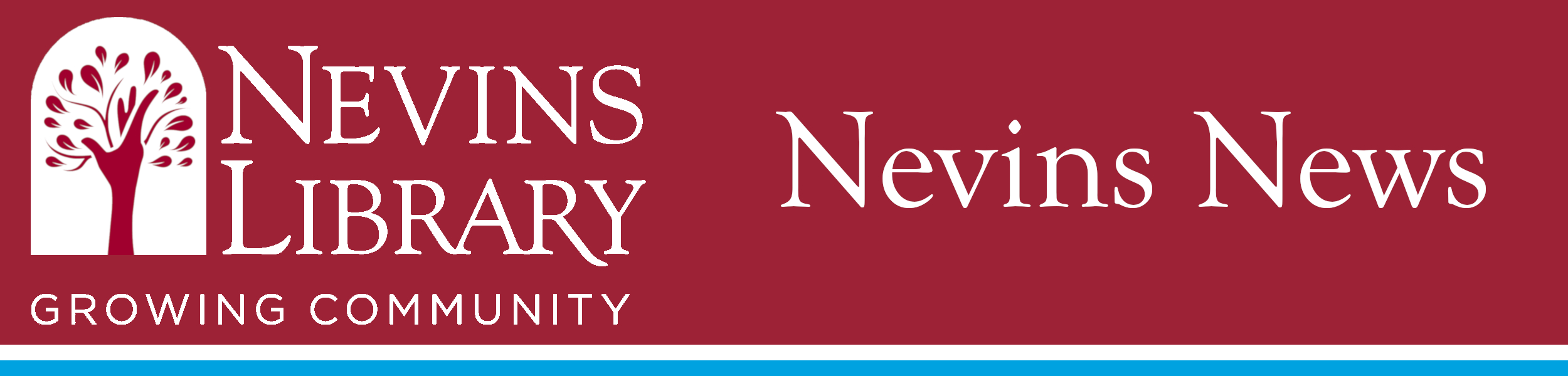 Nevins Library Logo, and the words Nevins News on a red background