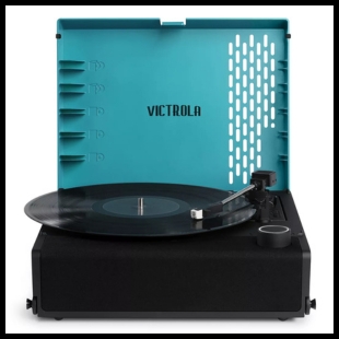 Turquoise and black portable Victrola record player