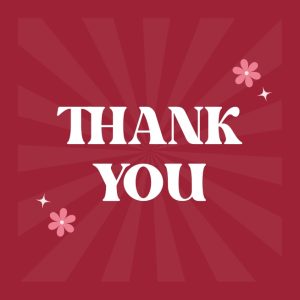 The words Thank You on a red background with two pink flowers