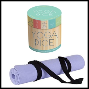 Turquoise and light brown circular case with the words yoga dice on it and a purple yoga mat