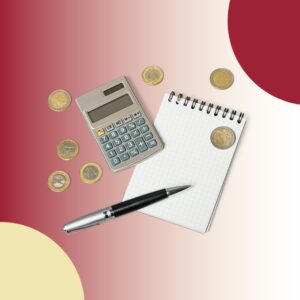 Pad of paper, calculator, pen, and gold coins on a red and white background