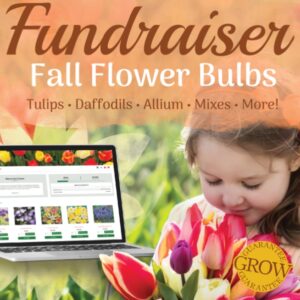 A light skinned girl smelling pink and purple flowers with a computer next to her and the words Fundraiser Fall Flower Bulbs as a title above them