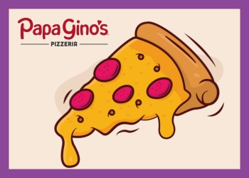 The words Friends' Fundraiser Papa Gino's to the left of a piece of very cheesy pizza with peperoni on it