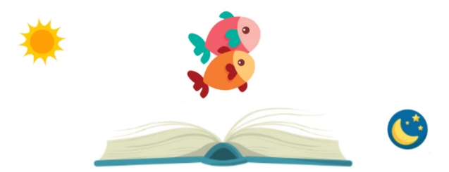 A splayed open book with a pink fish and an orange fish hovering over it and a sun to their left and moon and stars to their right