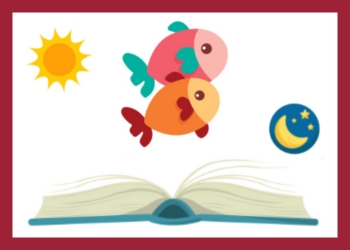 A splayed open book with a pink fish and an orange fish hovering over it and a sun to their left and moon and stars to their right