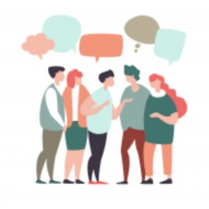 Group of adults with blank text bubbles above their heads