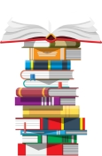 Pile of multicolored books with one at the top splayed open