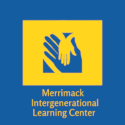 Small hand in big hand on a blue background with the words Merrimack Intergenerational Learning Center below