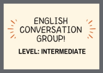 The words English Conversation Group, Level Intermediate with orange star bursts on each side and surrounded by a grey border