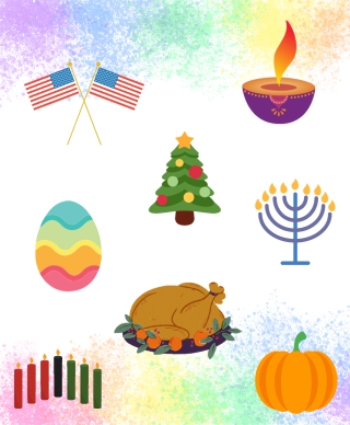 Holiday icons from an easter egg to a pumpking to a christmas tree to a hanukkah menorah on a holi rainbow background 