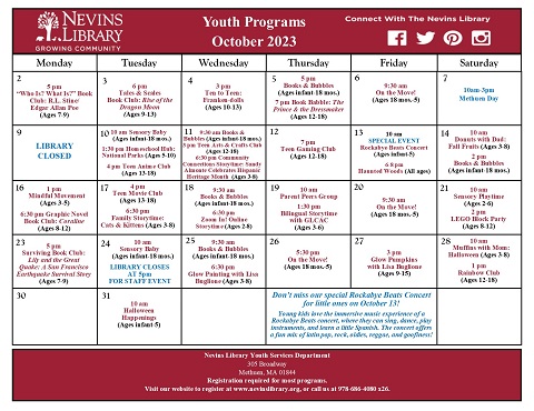Screencap of October 2023 Youth Programs Calendar