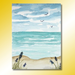 Watercolor painting of the shore with birds and blue sky