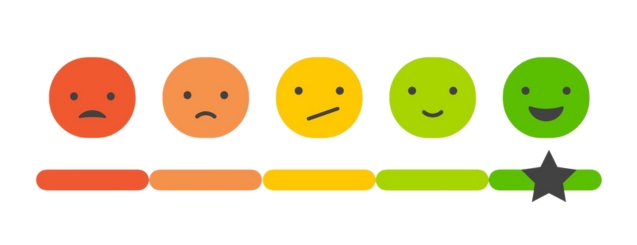 Red frowning face, orange slightly frowning face, yellow meh face, light green slightly smiling face, and dark green big smiling face all in a row