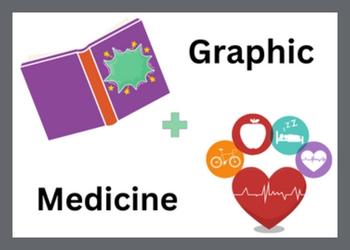 Purple open book and medical symbols with a plus in the middle and the words Graphic Medicine