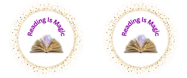 Two side by side copies of the words Reading is Magic with an open book under it in a circle made of gold dots