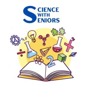 An open book with beakers and science symbols floating above it and the words science with seniors above that