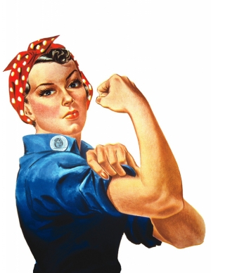 Rosie the Riveter in a red polka dot bandanna and blue shirt doing a bicep curl