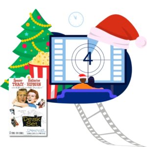 TV with a 4 on it and a santa hat hanging off the side and a christmas tree and popcorn bucket behind it