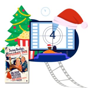 TV with a 4 on it and a santa hat hanging off the side and a christmas tree and popcorn bucket behind it