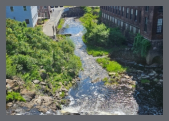 River flowing between two buildings and greenery