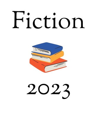 Stack of blue yellow and orange books in between the words Fiction 2023