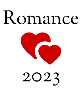 Two red drawn non-literal hearts that overlap between the words Romance and 2023