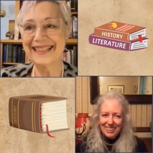 Two women with grey/white hair smiling in a zoom screencap with drawings of two historical books