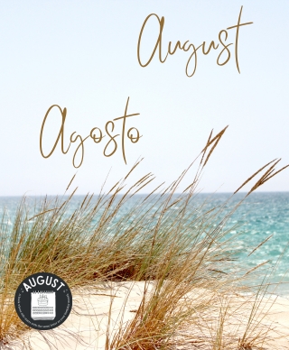 Grasses and a dune in the front of the ocean with the words August and Agosto above them